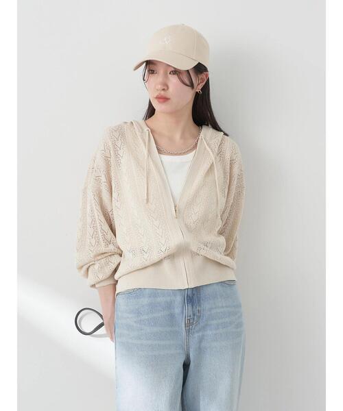 earth music&ecology（アースミュージックアンドエコロジー）の「透かし編みニットパーカー（カーディガン/ボレロ・レディース・グリーン/ブラック/ライトベージュ/オフホワイト・FREE）」の13枚目の写真