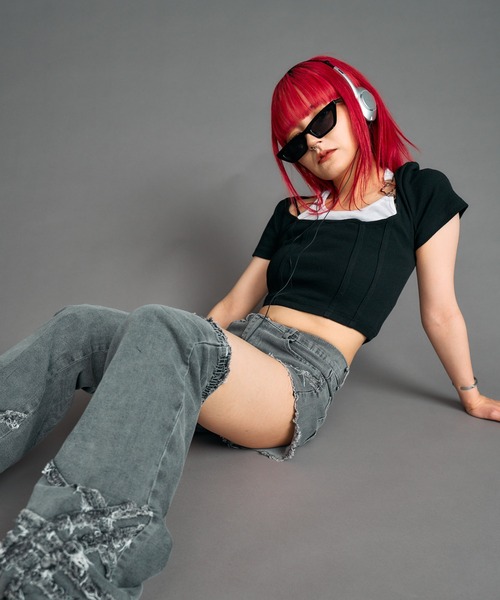 WEGO(ウィゴー)の「WEGO/【一部店限定】クロ-バーモチーフレイヤードT(Tシャツ/カットソー・レディース・ブラック・FREE)」の5枚目の写真