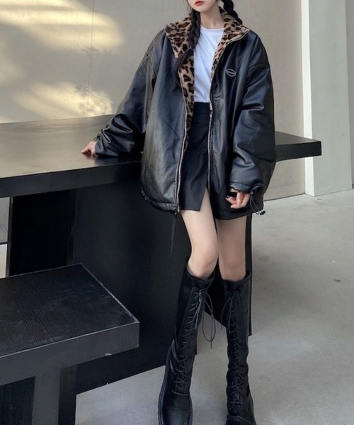 セール】ヒョウ柄リバーシブル フェイクレザー/ボアライダース