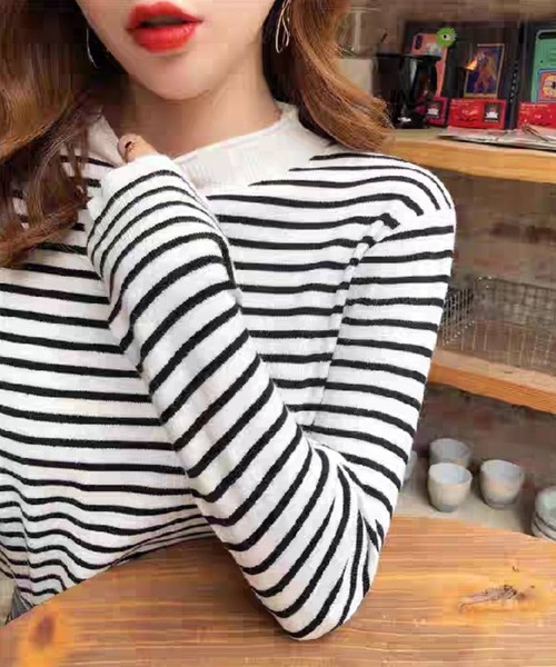 pumpkin port（パンプキンポート）の「ボーダー ハイネック プルオーバー（Tシャツ/カットソー・レディース・ベージュ/ブラウン/ホワイト/イエロー/ブラック/ブルー・M）」の2枚目の写真