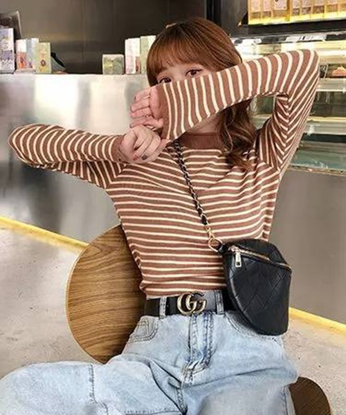 pumpkin port（パンプキンポート）の「ボーダー ハイネック プルオーバー（Tシャツ/カットソー・レディース・ベージュ/ブラウン/ホワイト/イエロー/ブラック/ブルー・M）」の13枚目の写真
