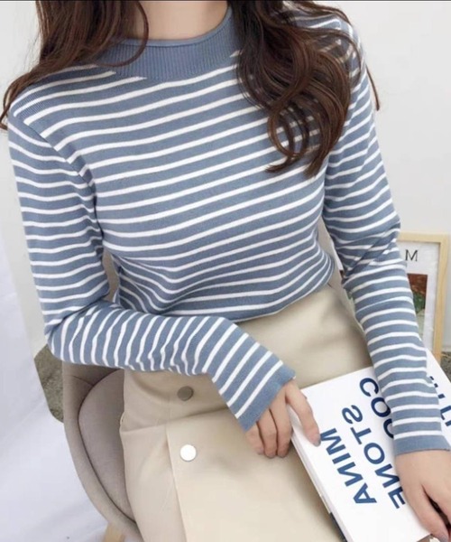 pumpkin port（パンプキンポート）の「ボーダー ハイネック プルオーバー（Tシャツ/カットソー・レディース・ベージュ/ブラウン/ホワイト/イエロー/ブラック/ブルー・M）」の20枚目の写真