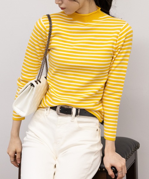 pumpkin port（パンプキンポート）の「ボーダー ハイネック プルオーバー（Tシャツ/カットソー・レディース・ベージュ/ブラウン/ホワイト/イエロー/ブラック/ブルー・M）」の22枚目の写真