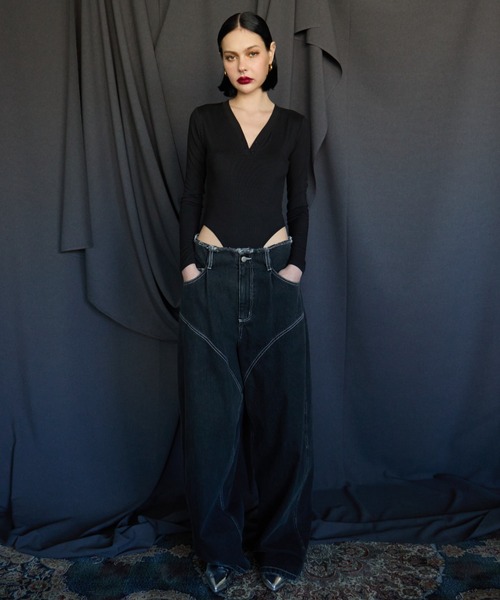 WONEM ハート型パッチ ワイドデニムパンツ WONEM（ウォンエム）の「ハートポケットステッチワイドジーンズ