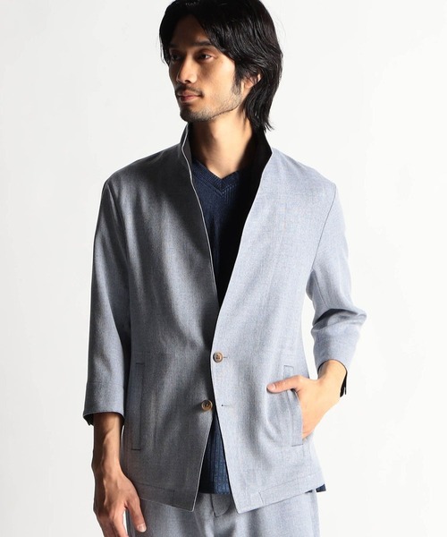 HIDEAWAYS NICOLE(ハイダウェイニコル)の「メランジウーステッド7分袖ジャケット(カバーオール・メンズ・チャコールグレー/ライトグレー/サックスブルー/ピンク・MEDIUM/LARGE/X-LARGE)」の4枚目の写真