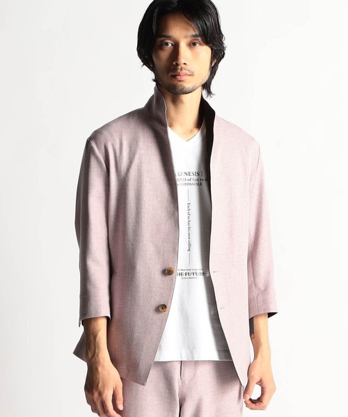 HIDEAWAYS NICOLE(ハイダウェイニコル)の「メランジウーステッド7分袖ジャケット(カバーオール・メンズ・チャコールグレー/ライトグレー/サックスブルー/ピンク・MEDIUM/LARGE/X-LARGE)」の1枚目の写真