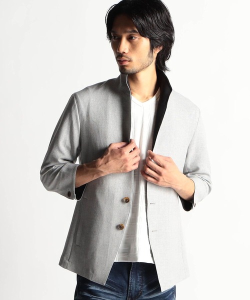 HIDEAWAYS NICOLE(ハイダウェイニコル)の「メランジウーステッド7分袖ジャケット(カバーオール・メンズ・チャコールグレー/ライトグレー/サックスブルー/ピンク・MEDIUM/LARGE/X-LARGE)」の3枚目の写真