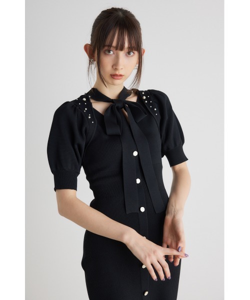 rienda 2WAYネックリボンフェイクパールニットワンピース ブラック rienda（リエンダ）の「2WAYネックリボンフェイクパールニット
