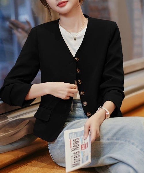 セール】ノーカラー ショート丈フェミニンジャケット（ノーカラー