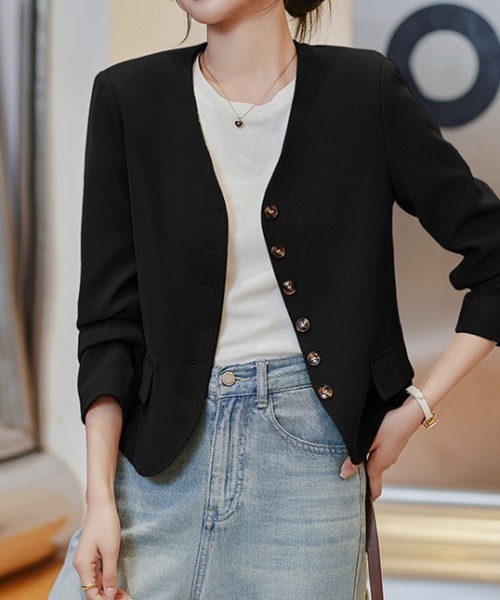 セール】ノーカラー ショート丈フェミニンジャケット（ノーカラー