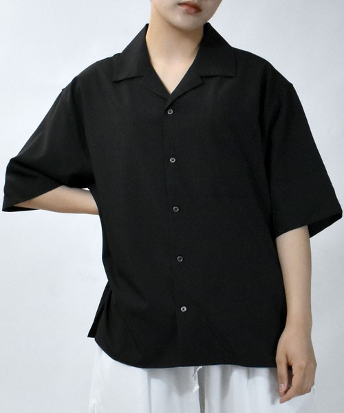 美品♪ジウ 慈雨 センソユニコ 刺繍入り半袖ブラウス ゆったり 黒 ブラック ビッグシルエット 半袖オープンカラーシャツ ユニセックス（シャツ