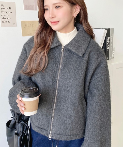 セール】Wファスナーボリュームスリーブシャギーショートブルゾン