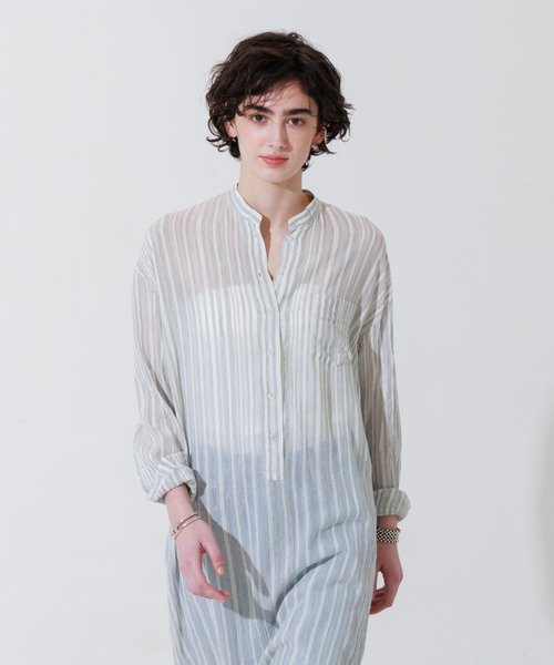 Rouge vif（ルージュヴィフ）の「シルク混シアーストライプ楊柳ワンピース（ワンピース・レディース・ベージュ/グレー・フリー）」の10枚目の写真