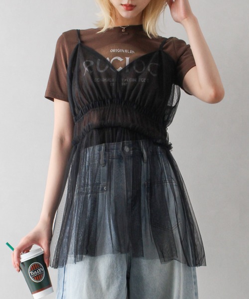 SpRay（スプレイ）の「チュールキャミチュニック（キャミソール・レディース・アイボリー/ブラック/チャコールグレー・FREE）」の3枚目の写真