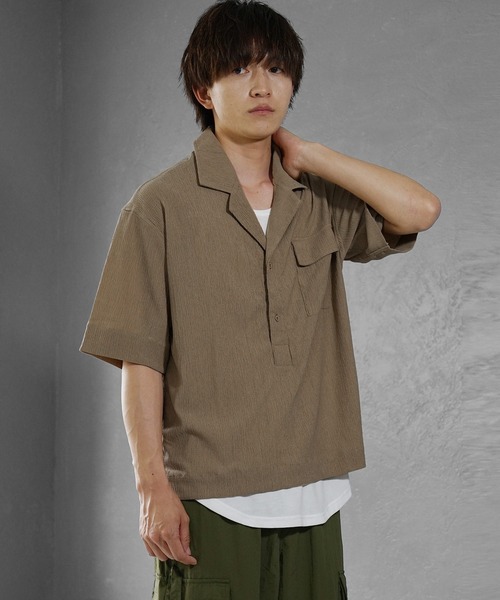 MinoriTY（マイノリティ）の「【MinoriTY】楊柳5分袖ポロシャツ メンズ 開襟シャツ 夏服（ポロシャツ・メンズ・ブラック/ベージュ/グリーン・L/M/S）」の9枚目の写真