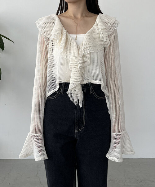 CAPRICIEUX LE'MAGE(カプリシューレマージュ)の「メッシュフリルシャツ(シャツ/ブラウス・レディース・ブラック/オフホワイト・FREE)」の15枚目の写真