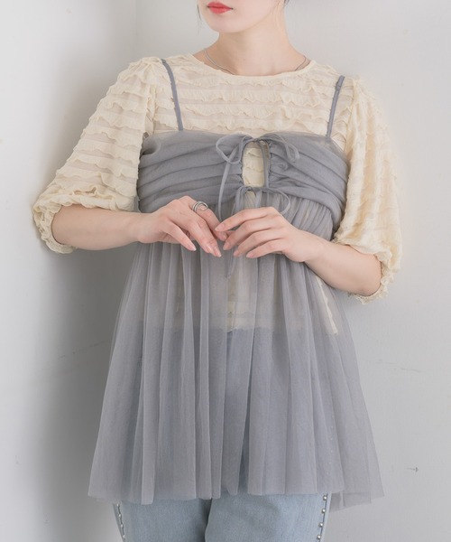 RETRO GIRL（レトロガール）の「タックチュールビスチェ（キャミソール・レディース・オフホワイト/ブラック/ライトグレー・FREE）」の3枚目の写真