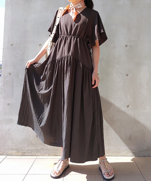 【大人気】SANDRO ウエストギャザー ワンピース 小さいサイズ Vネックギャザーワンピース 低身長さん・小柄女性