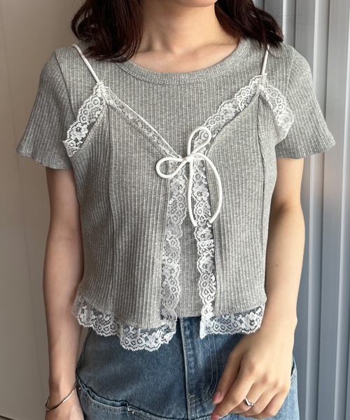 solleim(ソルレム)の「レースビスチェTシャツアンサンブル(Tシャツ/カットソー・レディース・オフホワイト/グレー・M)」の2枚目の写真