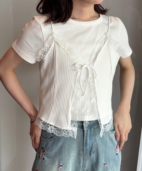 solleim(ソルレム)の「レースビスチェTシャツアンサンブル(Tシャツ/カットソー・レディース・オフホワイト/グレー・M)」の3枚目の写真