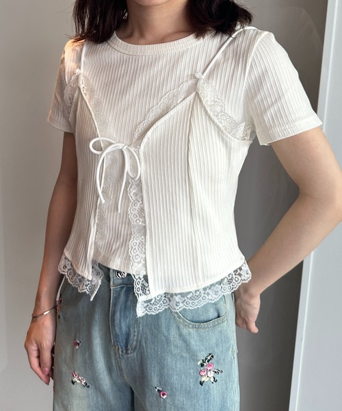 solleim(ソルレム)の「レースビスチェTシャツアンサンブル(Tシャツ/カットソー・レディース・オフホワイト/グレー・M)」の5枚目の写真