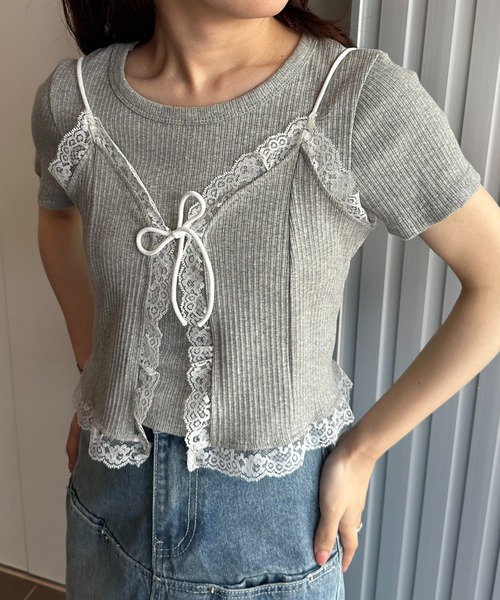 solleim(ソルレム)の「レースビスチェTシャツアンサンブル(Tシャツ/カットソー・レディース・オフホワイト/グレー・M)」の7枚目の写真