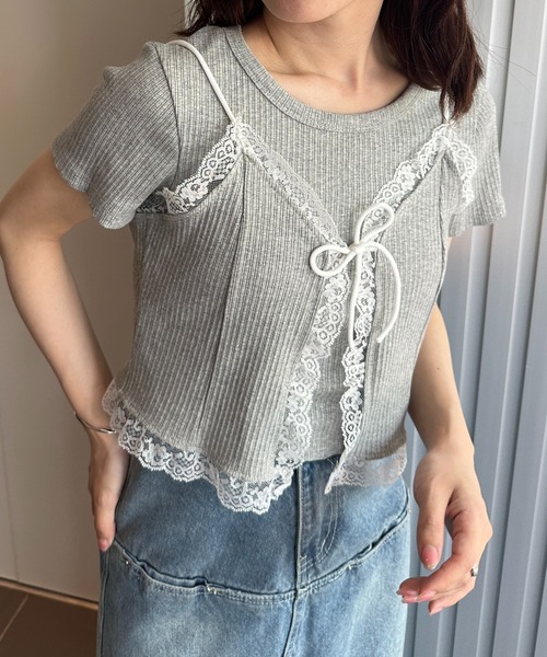 solleim(ソルレム)の「レースビスチェTシャツアンサンブル(Tシャツ/カットソー・レディース・オフホワイト/グレー・M)」の9枚目の写真