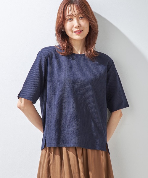 Petit Honfleur(プチオンフルール)の「サッカーストライプTシャツ(Tシャツ/カットソー・レディース・モカ/ブルー/ネイビー・M/L)」の2枚目の写真