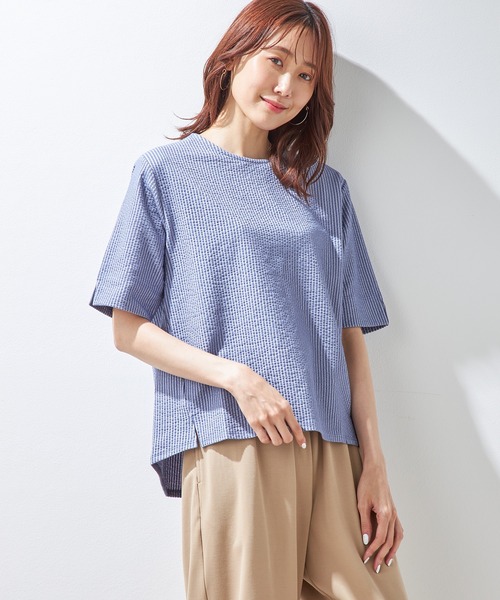Petit Honfleur(プチオンフルール)の「サッカーストライプTシャツ(Tシャツ/カットソー・レディース・モカ/ブルー/ネイビー・M/L)」の3枚目の写真