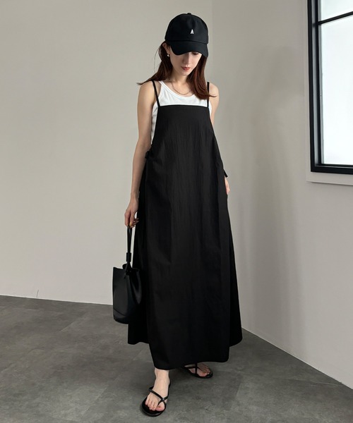 ISOOK(アイスー)の「【ISOOK / アイスー】サイドギャザーキャミソールワンピース / ナイロンワンピース 低身長ワンピース キャミワンピ ギャザー リボン 低身長向け ZOZOTOWN限定(ワンピース・レディース・ブラック・FREE)」の6枚目の写真