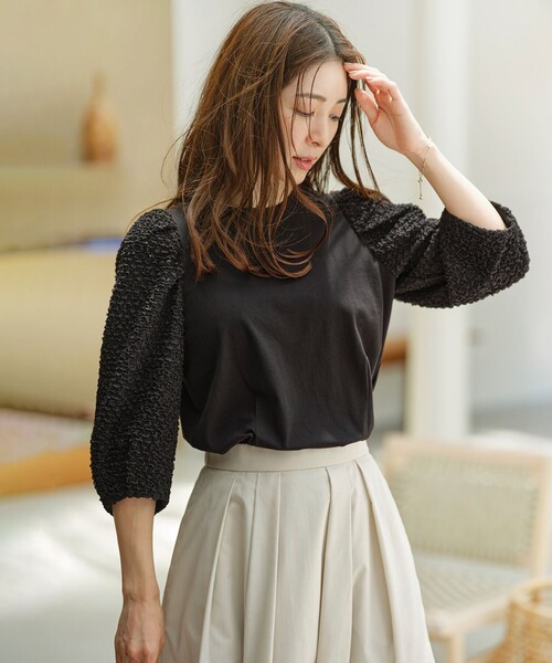 tシャツ シャーリングシフォン袖 トップス レディース セール】シャーリングシフォン袖 トップス（Tシャツ/カットソー