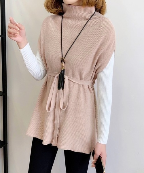 LADY LIKE(レディライク)の「ベルト付きドロップショルダーノースリーブニット(ニット/セーター・レディース・ブラック/ピンクベージュ/モカ・M)」の12枚目の写真