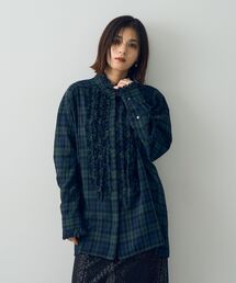チェック柄フリルデザインロングシャツ