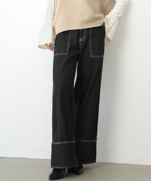 Doux Belle（ドゥーベル）の「ステッチ入ワイドデニム（デニムパンツ・レディース・ワンウォッシュ/ホワイト/ネイビー・SMALL/MEDIUM/LARGE/X-LARGE）」の3枚目の写真