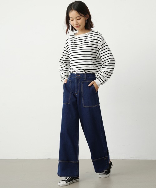 Doux Belle（ドゥーベル）の「ステッチ入ワイドデニム（デニムパンツ・レディース・ワンウォッシュ/ホワイト/ネイビー・SMALL/MEDIUM/LARGE/X-LARGE）」の5枚目の写真