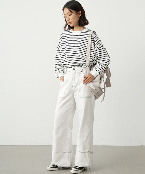 Doux Belle（ドゥーベル）の「ステッチ入ワイドデニム（デニムパンツ・レディース・ワンウォッシュ/ホワイト/ネイビー・SMALL/MEDIUM/LARGE/X-LARGE）」の14枚目の写真