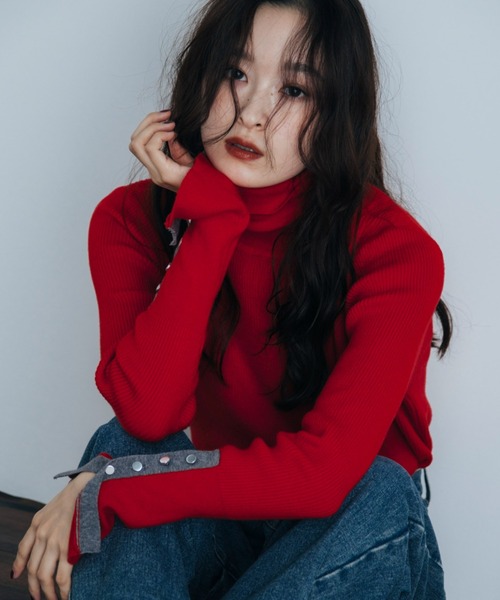 Shelly island（シェリーアイランド）の「袖配色×ボタンリブタートルニット（ニット/セーター・レディース・グレー/ブラック/ブラウン/レッド/グレー系その他/ホワイト×ブラック・FREE）」の6枚目の写真