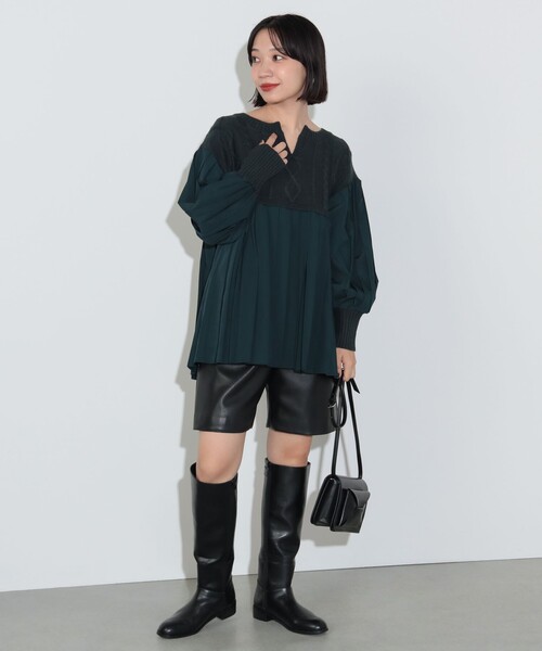 BEAMS HEART（ビームスハート）の「ニット コンビ異素材 切替 プルオーバー（ニット/セーター・レディース・ホワイト系その他5/グリーン/ネイビー・FREE）」の4枚目の写真