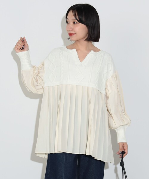 BEAMS HEART（ビームスハート）の「ニット コンビ異素材 切替 プルオーバー（ニット/セーター・レディース・ホワイト系その他5/グリーン/ネイビー・FREE）」の20枚目の写真