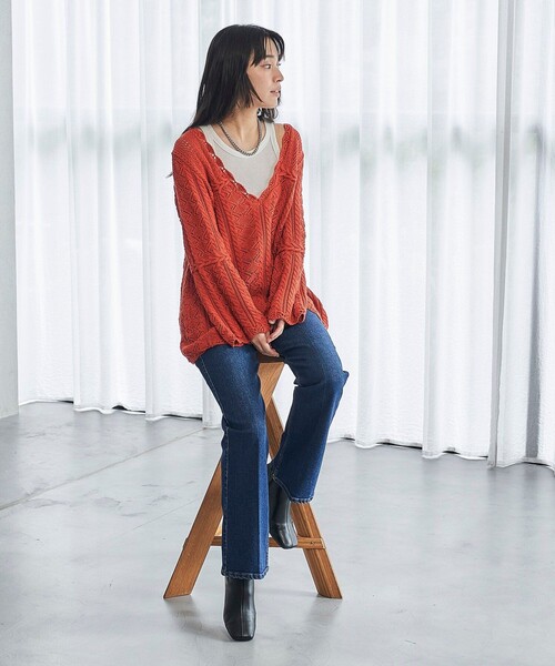 FREAK'S STORE(フリークスストア)の「FREAK’S STORE/フリークスストア The Yarn. 柄編み 2WAYニットチュニック/ 深Vネックニット(ニット/セーター・レディース・オレンジ/ブラック・フリ-)」の12枚目の写真