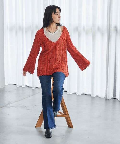FREAK'S STORE(フリークスストア)の「FREAK’S STORE/フリークスストア The Yarn. 柄編み 2WAYニットチュニック/ 深Vネックニット(ニット/セーター・レディース・オレンジ/ブラック・フリ-)」の14枚目の写真