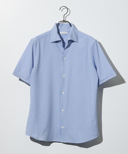 DESIGNWORKS（デザインワークス）の「【DotAir】2WAY 半袖 サッカーシャツ / 軽量 / 防シワ / 吸水速乾（シャツ/ブラウス・メンズ・ストライプ/ネイビー/ホワイト/ブルー・46/48）」の13枚目の写真