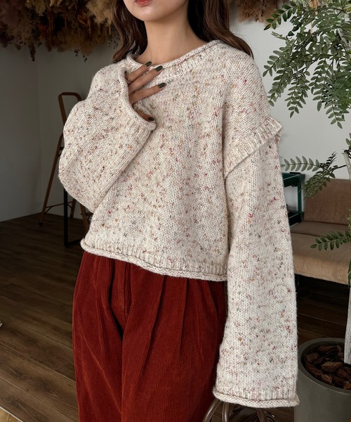 INTER FACTORY（インターファクトリー）の「ゆづき / MIX編みクルーネックニット　made in INTER FACTORY（ニット/セーター・レディース・ブラウン/オフホワイト・FREE）」の2枚目の写真