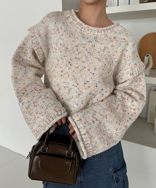 INTER FACTORY（インターファクトリー）の「ゆづき / MIX編みクルーネックニット　made in INTER FACTORY（ニット/セーター・レディース・ブラウン/オフホワイト・FREE）」の5枚目の写真