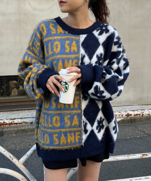HELLO.SANFRANCISCO(ハローサンフランシスコ)の「【HELLO.SANFRANCISCO】柄ドッキング起毛ニット(ニット/セーター・レディース・レッド/ネイビー/オレンジ・ONE SIZE)」の4枚目の写真