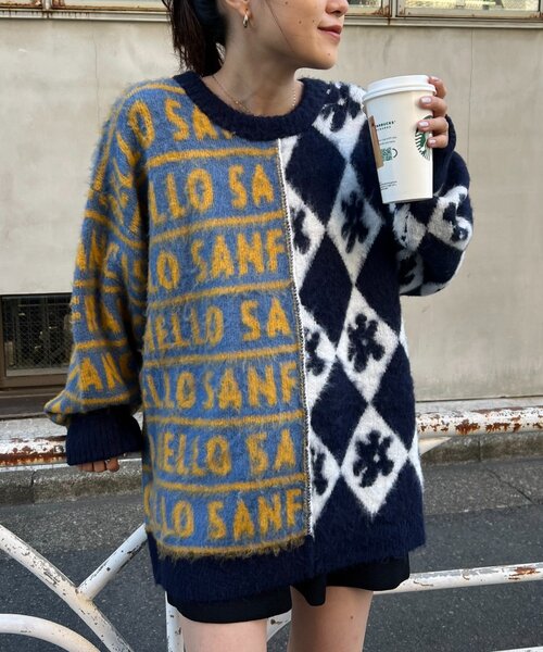 HELLO.SANFRANCISCO(ハローサンフランシスコ)の「【HELLO.SANFRANCISCO】柄ドッキング起毛ニット(ニット/セーター・レディース・レッド/ネイビー/オレンジ・ONE SIZE)」の5枚目の写真