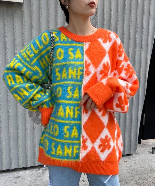 HELLO.SANFRANCISCO(ハローサンフランシスコ)の「【HELLO.SANFRANCISCO】柄ドッキング起毛ニット(ニット/セーター・レディース・レッド/ネイビー/オレンジ・ONE SIZE)」の15枚目の写真