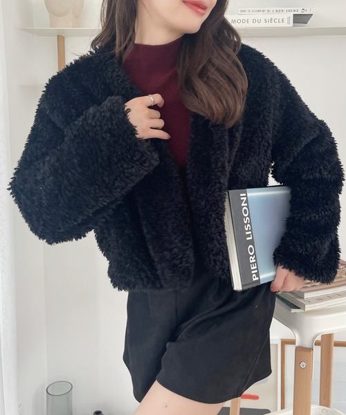 【希少】45R ノーカラー プードル ボアコート ブラック2 セール】プードルボアノーカラーブルゾン（その他アウター）｜Ada