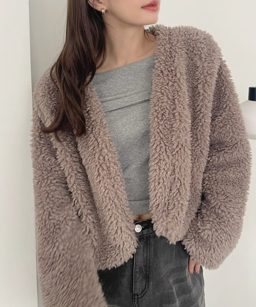 ボア ノーカラー ブルゾン セール】プードルボアノーカラーブルゾン（その他アウター）｜Ada