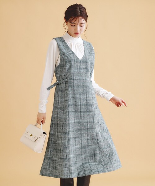 セール】《美人百花掲載》チェック柄Vネックジャンパースカート【洗濯